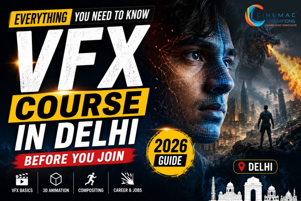 VFX Course in Delhi 2026 YouTube thumbnail with CGI effects, futuristic city, dragon, and career guide for aspiring VFX artists.