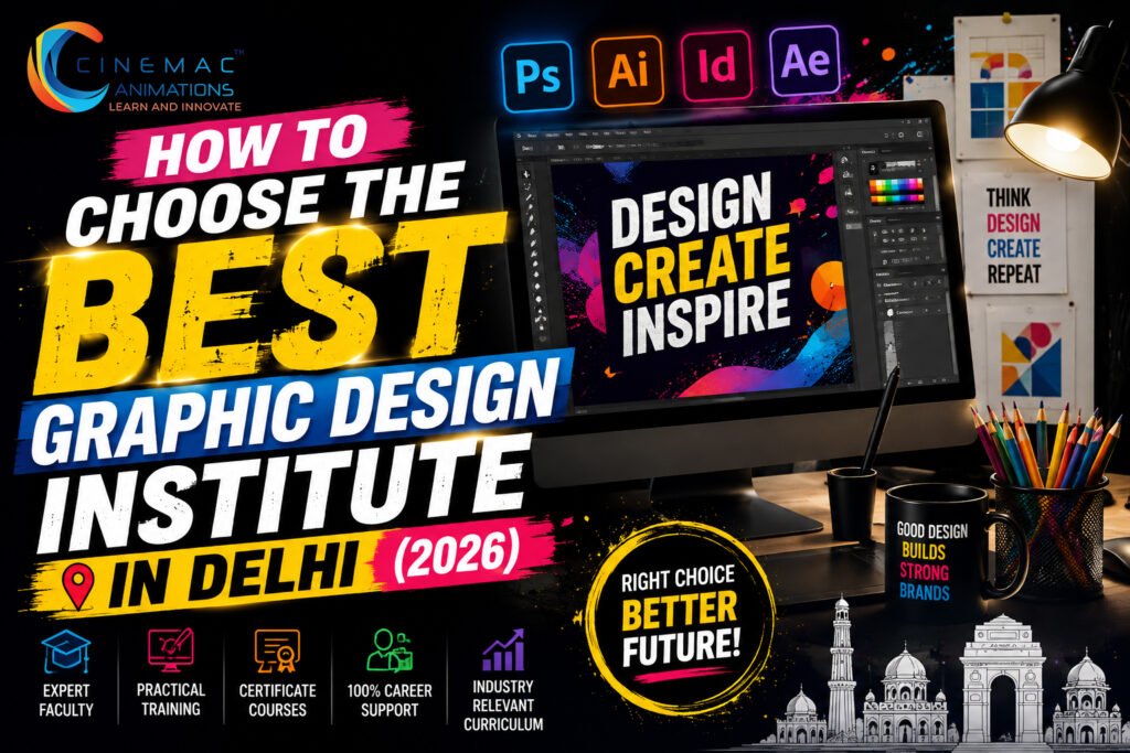 Student learning Graphic Design at a Graphic Design Institute in Delhi using Adobe Photoshop, Illustrator and InDesign.